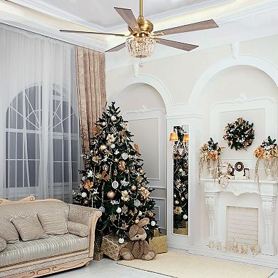 Parrot Uncle 52" Modern Gold Wood 5-Blade Crystal Ceiling Fan with Remote and Light Kit
