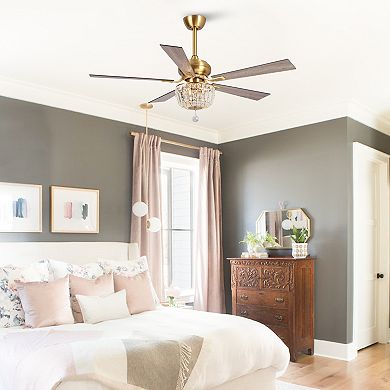 Parrot Uncle 52" Modern Gold Wood 5-Blade Crystal Ceiling Fan with Remote and Light Kit