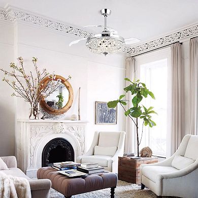 42" Modern Chrome 6-light Chandelier Crystal Ceiling Fan with Remote