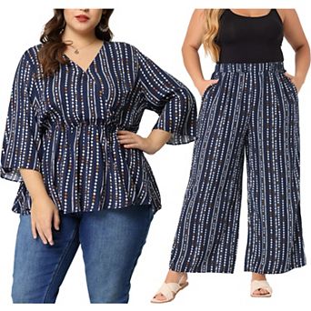 Women's Plus Size 2 pc Resort Set, Boho Striped Peplum Tops and Wide Leg Loose Fit Pants