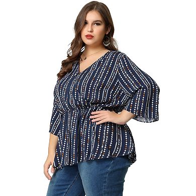 Women's Plus Size 2 Piece Resort Set, Boho Striped Peplum Tops and Wide Leg Loose Fit Pants