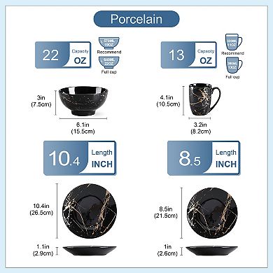 16-pcs Porcelain Dining Set for 4, incl. Dinner, Dessert, Bowls, Mugs