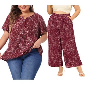 Women's Plus Size 2 pc Resort Set, Short Sleeve Casual Blouses and High Waist Wide Leg Pants