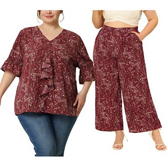 Women's Plus Size 2 pc Resort Set, V Neck Ruffle Smocked Sleeves Blouse and Casual Wide Leg Pants