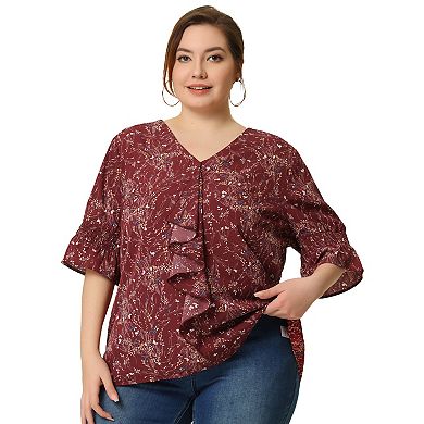 Women's Plus Size 2 Piece Resort Set, V Neck Ruffle Smocked Sleeves Blouse and Casual Wide Leg Pants