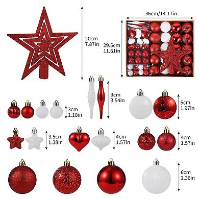 72 pcs Christmas Balls Ornaments, 2.4" 1.6" 1.4" Multi-Styles Hanging Balls, Red White