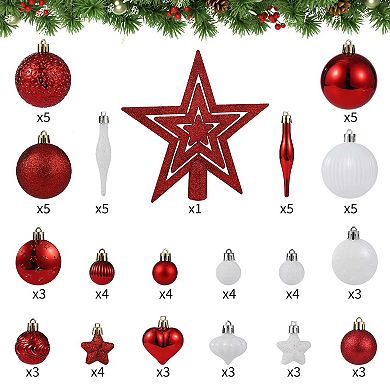 72 pcs Christmas Balls Ornaments, 2.4" 1.6" 1.4" Multi-Styles Hanging Balls, Red White