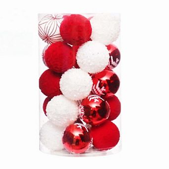 25 pc Christmas Ball Ornaments, 2.36 in Multi-styles Christmas Tree Hanging Decorations, Red White