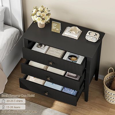 Fluted 3 Drawer Dresser, 31.5 Inch Wide Dresser Nightstand for Bedroom, Modern Wood Chest of Drawers,Black
