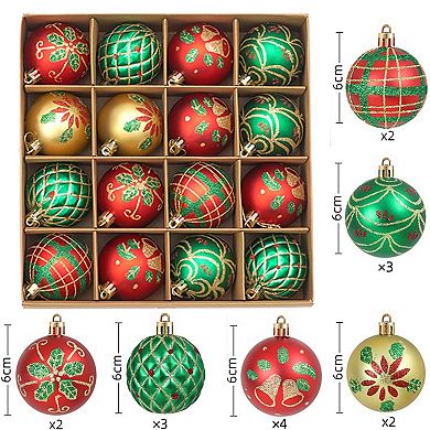16ct Christmas Ball Ornaments, 2.36"/6cm Christmas Baubles Set, Wine Red Gold