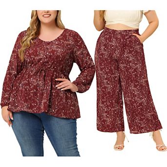 Women's Plus Size 2 pc Resort Set, V Neck Ruffle Flowy Tunic Blouses and Casual Wide Leg Pants