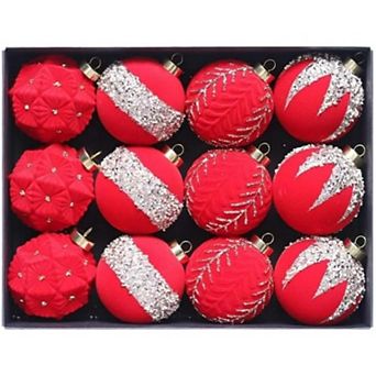 12 ct Christmas Ball Ornaments, 8cm/3.15 in Shatterproof Flocked Xmas Tree Hanging Decorations, Red