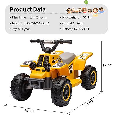 ATV for Kids, 6V Battery Powered Toddler 4 Wheeler w/Music, Light, 1.5mph Max Speed