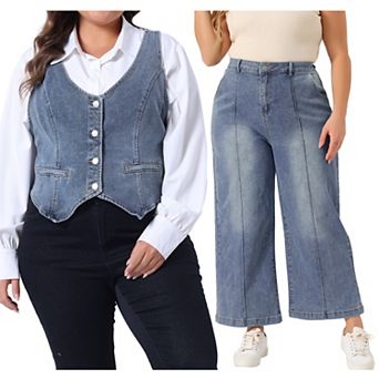 Women's Plus Size 2 pc Denim Set, Button Up Vintage Jean Waistcoat Vests and Wide Leg Baggy Pants