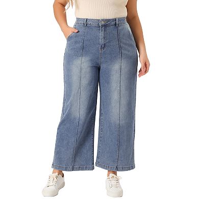 Women's Plus Size 2 Piece Denim Set, Button Up Vintage Jean Waistcoat Vests and Wide Leg Baggy Pants