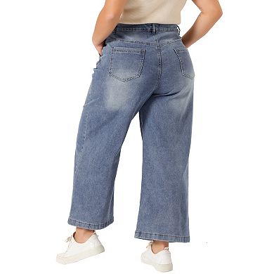 Women's Plus Size 2 Piece Denim Set, Button Up Vintage Jean Waistcoat Vests and Wide Leg Baggy Pants