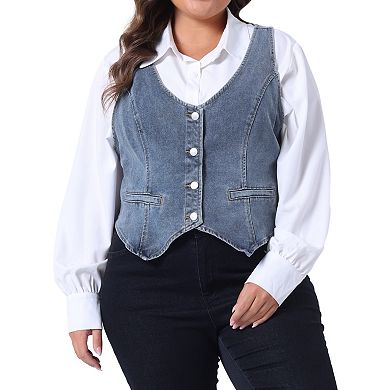 Women's Plus Size 2 Piece Denim Set, Button Up Vintage Jean Waistcoat Vests and Wide Leg Baggy Pants