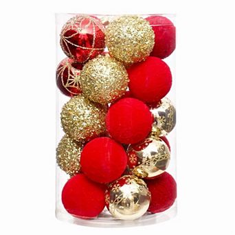 25 pc Christmas Ball Ornaments, 2.36 in Multi-styles Christmas Tree Hanging Decorations, Red Gold
