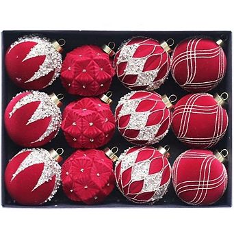 12 ct Christmas Ball Ornaments, 8cm/3.15 in Shatterproof Flocked Xmas Tree Hanging Decor, Wine Red