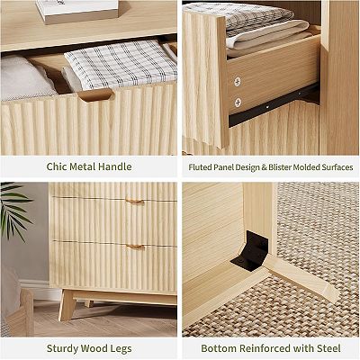 Garvee 3 Drawer Dresser 32 in Tall Mid Century Modern Dresser Drawers Waveform Fluted Side Table Wood Drawer Organizer for Bedroom Living Room