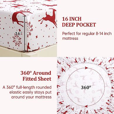 Christmas Sheets,Microfiber Bed Sheet Set, 16" Deep Pocket Fitted Sheet Winter Holiday Sheets Set