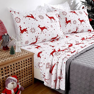 Christmas Sheets,Microfiber Bed Sheet Set, 16" Deep Pocket Fitted Sheet Winter Holiday Sheets Set
