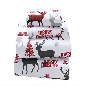 Christmas Sheets,Microfiber Bed Sheet Set, 16" Deep Pocket Fitted Sheet Winter Holiday Sheets Set