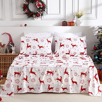 Christmas Sheets,Microfiber Bed Sheet Set, 16" Deep Pocket Fitted Sheet Winter Holiday Sheets Set