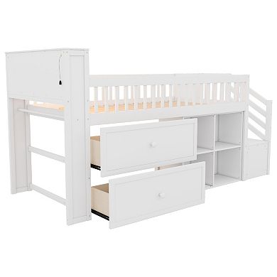 Whisen Loft Bed with LED, Bookshelf, Stairs, Storage Drawers and Shelves, Solid Wood Sturdy Frame