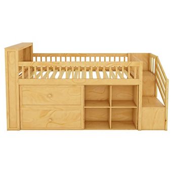 Whisen Loft Bed with LED, Bookshelf, Stairs, Storage Drawers and Shelves, Solid Wood Sturdy Frame