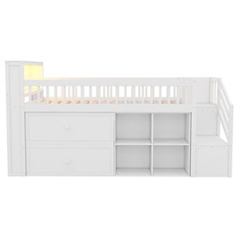 Whisen Loft Bed with LED, Bookshelf, Stairs, Storage Drawers and Shelves, Solid Wood Sturdy Frame