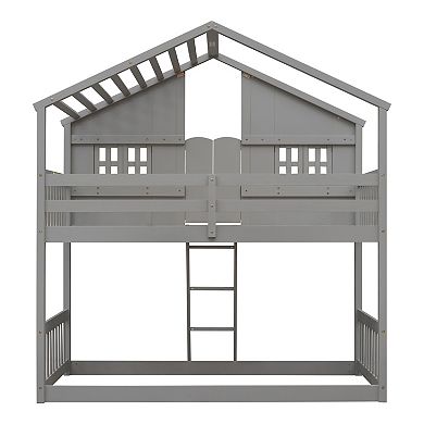 Whisen Twin over Twin Bunk Bed with Roof, Window, Window Box, Door, Safety Guardrails and Ladder