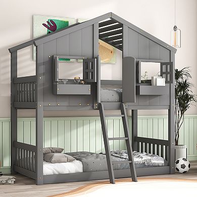 Whisen Twin over Twin Bunk Bed with Roof, Window, Window Box, Door, Safety Guardrails and Ladder