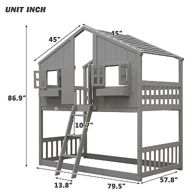 Whisen Twin over Twin Bunk Bed with Roof, Window, Window Box, Door, Safety Guardrails and Ladder