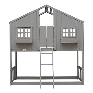 Whisen Twin over Twin Bunk Bed with Roof, Window, Window Box, Door, Safety Guardrails and Ladder