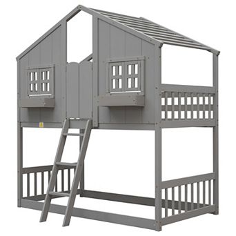 Whisen Twin over Twin Bunk Bed with Roof, Window, Window Box, Door, Safety Guardrails and Ladder