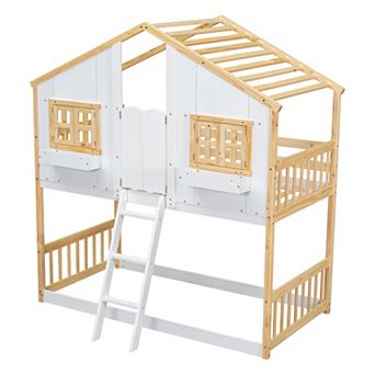 Whisen Twin over Twin Bunk Bed with Roof, Window, Window Box, Door, Safety Guardrails and Ladder