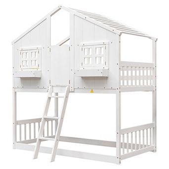 Whisen Twin over Twin Bunk Bed with Roof, Window, Window Box, Door, Safety Guardrails and Ladder