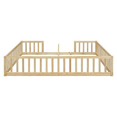 Whisen Double Twin Size Wood Floor Bed with Fence and Guardrails