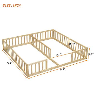 Whisen Double Twin Size Wood Floor Bed with Fence and Guardrails