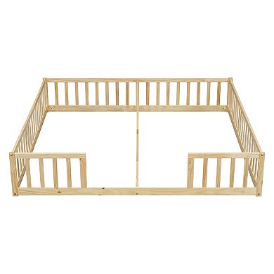 Whisen Double Twin Size Wood Floor Bed with Fence and Guardrails