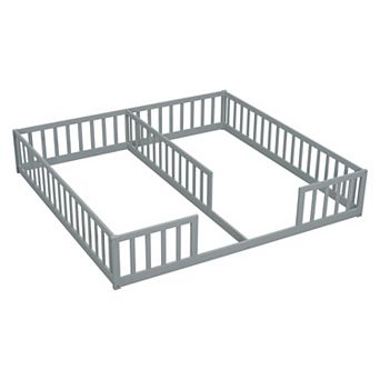 Whisen Double Twin Size Wood Floor Bed with Fence and Guardrails