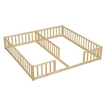 Whisen Double Twin Size Wood Floor Bed with Fence and Guardrails