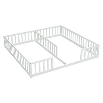 Whisen Double Twin Size Wood Floor Bed with Fence and Guardrails