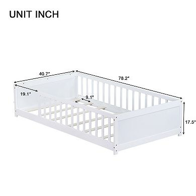 Whisen Twin size Floor Platform Bed with Built-in Book Rack and Safety Guardrails