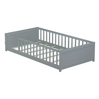 Whisen Twin size Floor Platform Bed with Built-in Book Rack and Safety Guardrails