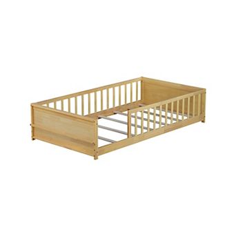 Whisen Twin size Floor Platform Bed with Built-in Book Rack and Safety Guardrails