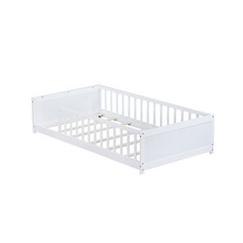 Whisen Twin size Floor Platform Bed with Built-in Book Rack and Safety Guardrails