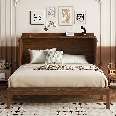 Whisen Queen Size Pine Wood Murphy Bed with Power Station & Rattan Decoration Panel