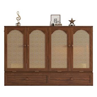 Whisen Queen Size Pine Wood Murphy Bed with Power Station & Rattan Decoration Panel